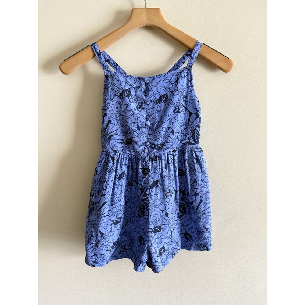 HAUTE HIPPIE KIDS 100% RAYON, FLORAL BLUE Bubble ROMPER SIZE MEDIUM 7-8 Girls